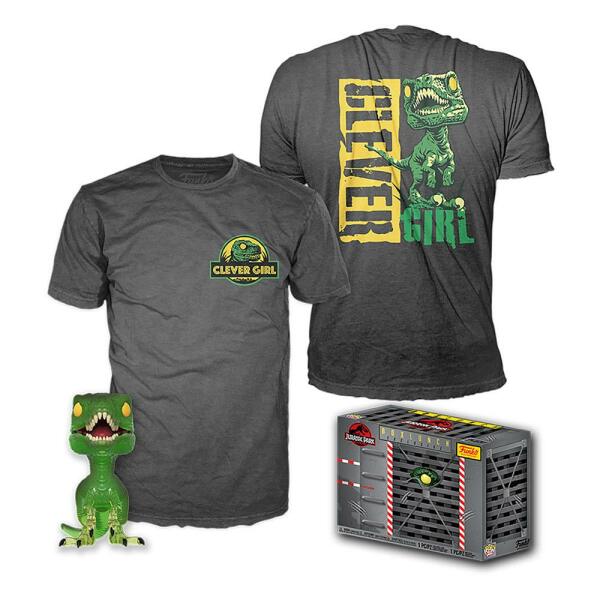 Minifigura y Camiseta Clever Raptor Jurassic Park POP! & Tee Set talla L Funko - Collector4u.com