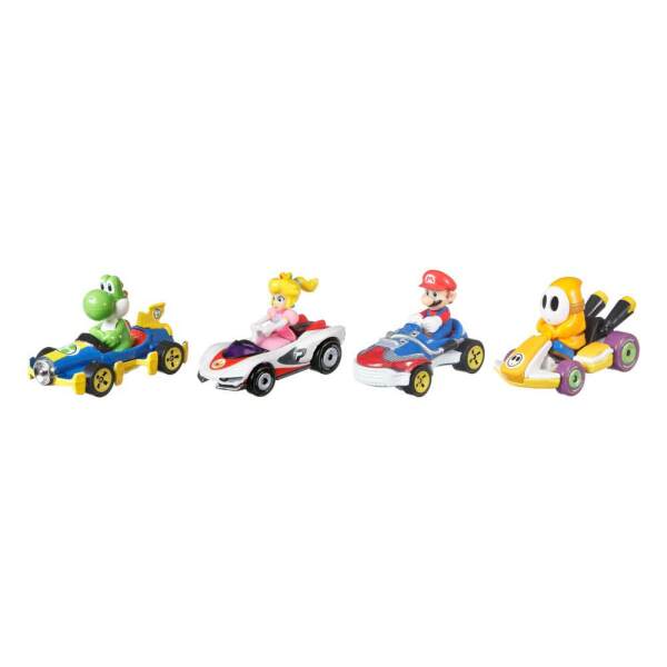 Pack 4 Vehículos Mario Kart Hot Wheels 1/64 Yoshi, Princess Peach, Mario, Orange Shy Guy Mattel - Collector4U.com