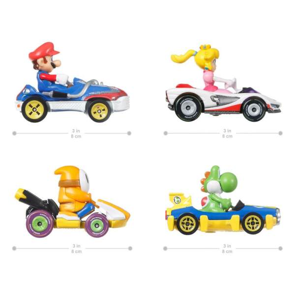 Pack 4 Vehículos Mario Kart Hot Wheels 1/64 Yoshi, Princess Peach, Mario, Orange Shy Guy Mattel - Collector4U.com
