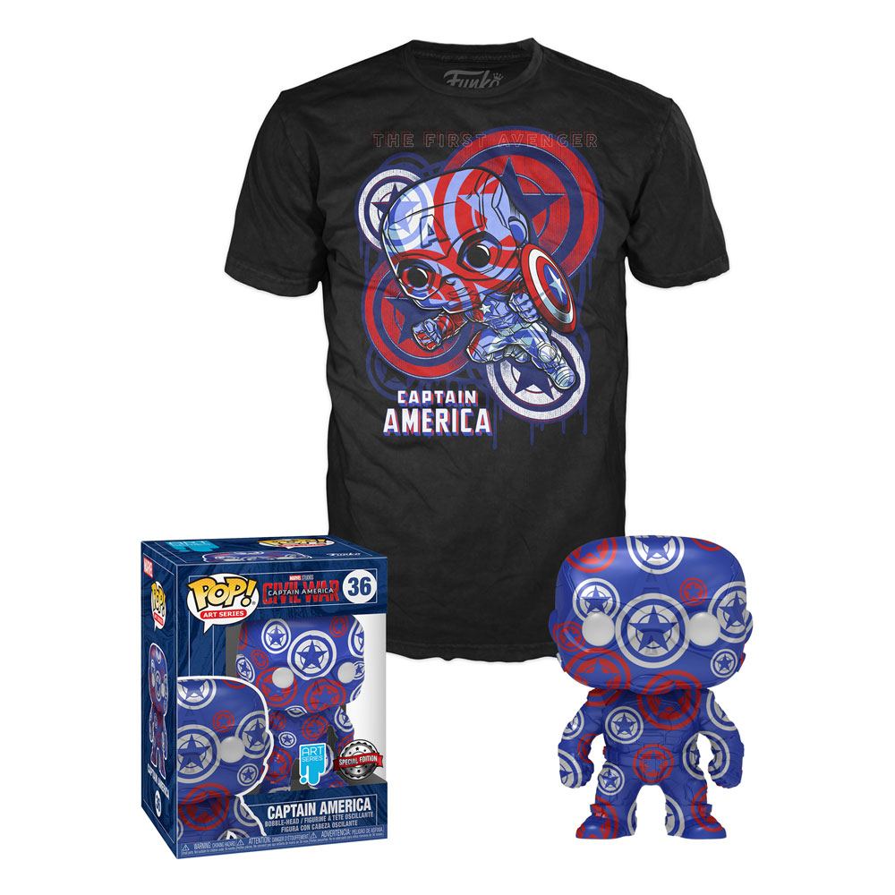 Set de Minifigura y Camiseta Capitán America Civil War POP! & Tee Art Series talla XL