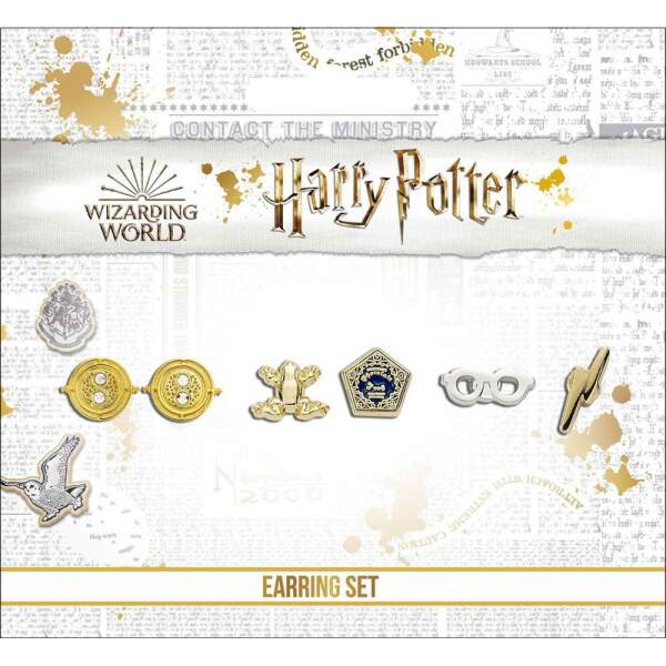 Harry Potter Pack de 3 Pendientes Time Turner/Chocolate Frog/Glasses & Lightning Bolt (bañado en plata) - Collector4U