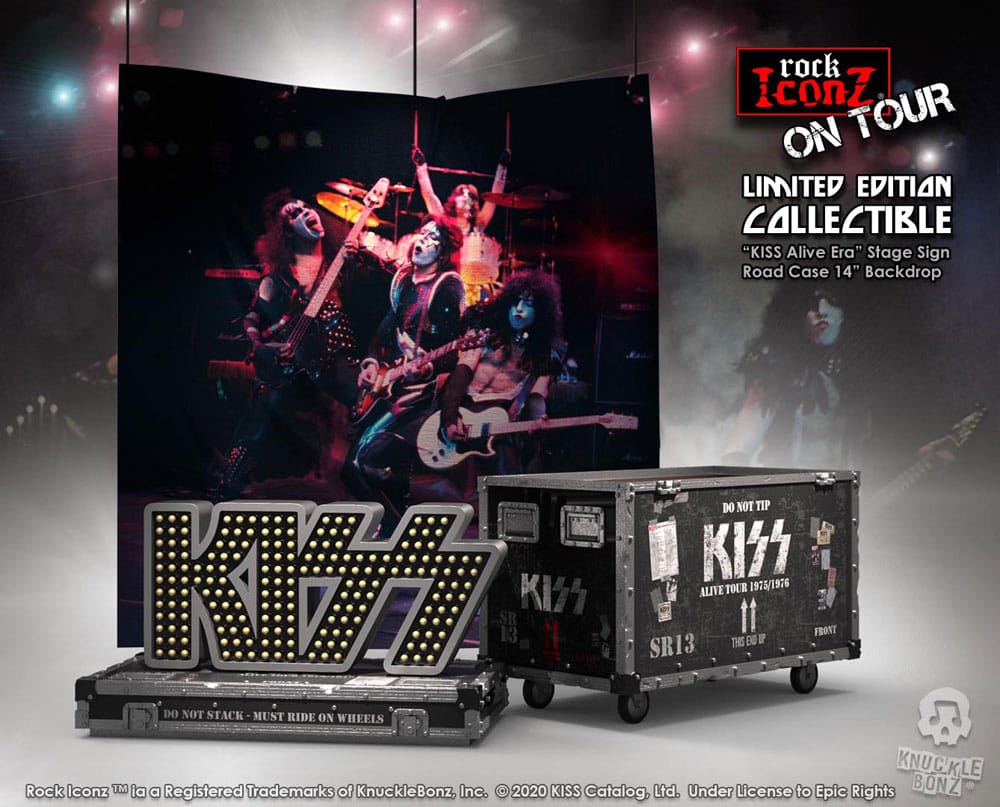 Kiss Estatua Rock Ikonz On Tour Road Case & Telón de fondo del escenario Alive! Tour
